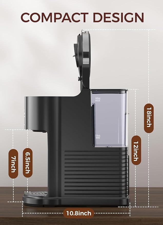 Kndko Single Serve Coffee Maker for K Cups and Ground Coffee, Capsule Coffee Machine, 6 to 14oz Brew Sizes, 40oz Removable Reservoir, Fast Brew, Compact Design, Travel Mug Friendly, Black