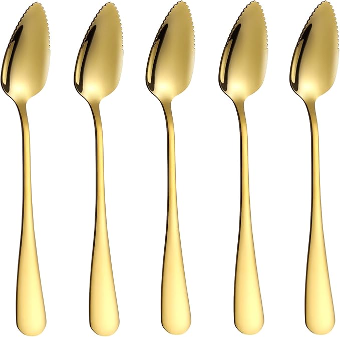 5 PCS Grapefruit Spoons, Stainless Steel Grapefruit Spoon Utensil Set, Serrated Edge & Thick Gauge Handle, Gold Kitchen Tool with Non-stick Plating for Kiwi, Dessert, Apple, Citrus Fruit