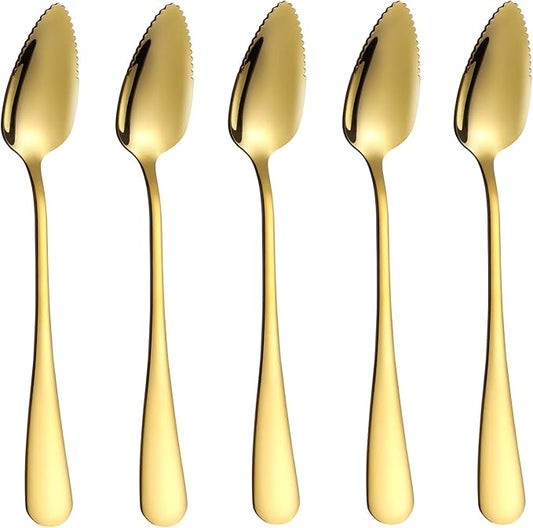 5 PCS Grapefruit Spoons, Stainless Steel Grapefruit Spoon Utensil Set, Serrated Edge & Thick Gauge Handle, Gold Kitchen Tool with Non-stick Plating for Kiwi, Dessert, Apple, Citrus Fruit