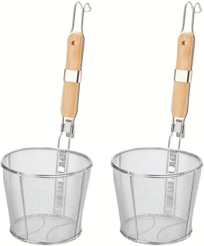 2 Pack Pasta Strainer Basket, Stainless Steel Mesh Spider Strainer with Wooden Handle for Boiling, Kitchen Fine Food Skimmer Deep Fry Basket for Pasta, Noodle, Dumpling, 5.3''D x 5.1''H