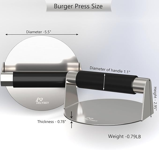 Smash Burger Press, 5.5 Inch 304 Stainless Steel Patty Maker with Handle - Dishwasher Safe for Easy Cleaning, for Smash Burgers, Sausage & Homemade Patties