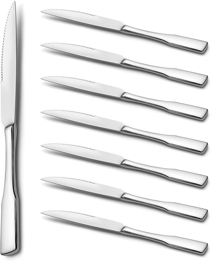 Alata Kate Steak Knives, Set of 8, Stainless Steel Flatware, Mirror Polished Cutlery, Dishwasher Safe