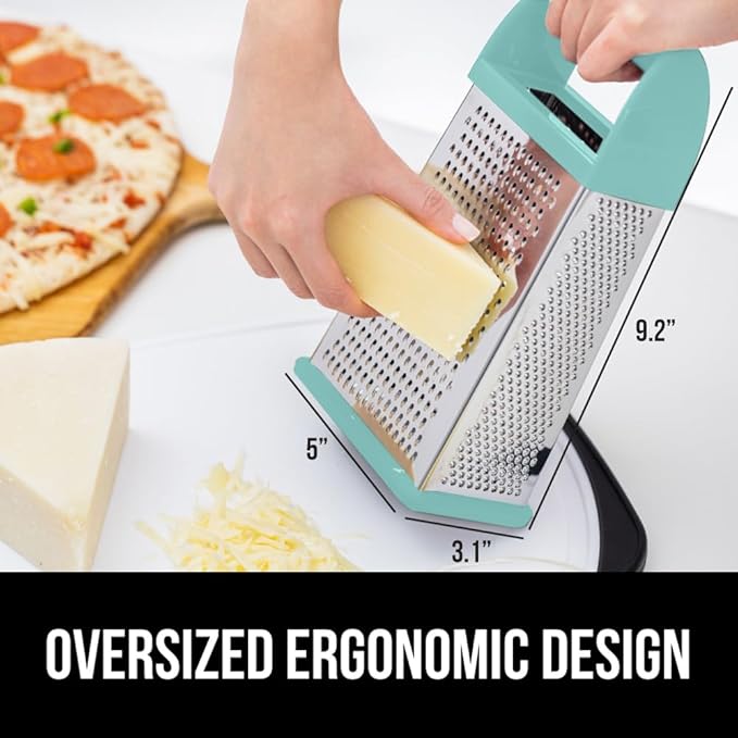 GORILLA GRIP 4-Sided Stainless Steel Cheese Grater With Container, 100% BPA-Free Box Grater, Slip Resistant Base and Handle, Grate Parmesan, Hard Cheeses, Shred Vegetables, Dishwasher Safe, Mint