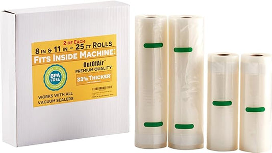 8" & 11" 25ft Vacuum Sealer Rolls (Fit Inside) 4 Rolls (2 of Each, 100ft total) OutOfAir Vacuum Sealer Bags Works With FoodSaver & Other Machines - 33% Thicker BPA Free, Commercial Grade