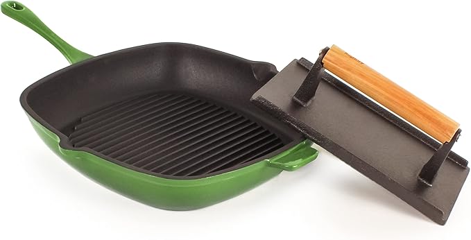 Berghoff Neo 2Pc Enameled Cast Iron Grill Set, Grill Pan 11 inches, Bacon/Steak Press 8 inches, Fast, Evenly Heat, Oven safe (Green)