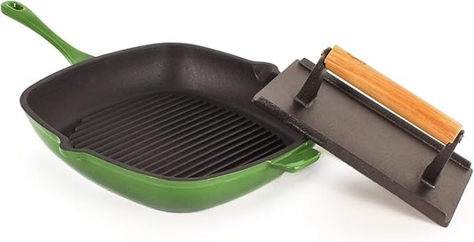 Berghoff Neo 2Pc Enameled Cast Iron Grill Set, Grill Pan 11 inches, Bacon/Steak Press 8 inches, Fast, Evenly Heat, Oven safe (Green)