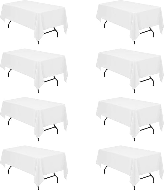 BRILLMAX 8 Pack White Tablecloths 60 x 102 Inch for 6ft Rectangle Tables - 150 GSM Polyester Fabric, 15" Standard Drop, Water, Stain & Wrinkle Resistant Cloth Cover for Wedding Banquet Dining Buffet