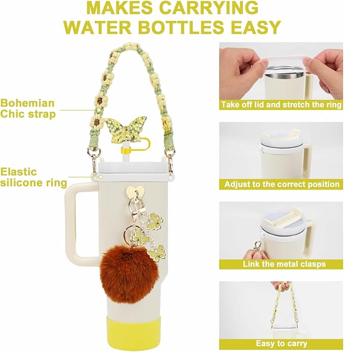 Accessories Set Including Water Bottle Handle Strap, Silicone Boot, Resin Butterfly Straw Cover, Straw Topper, Lip Balm Sleeve, Butterfly & Hairball Charms for Stanley Cup Tumbler