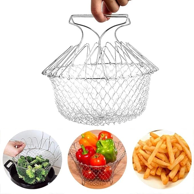 304 Stainless Steel Foldable Steam Rinse Strain Fry Basket Strainer Net Kitchen Cooking Tool for Fried Food or Fruits