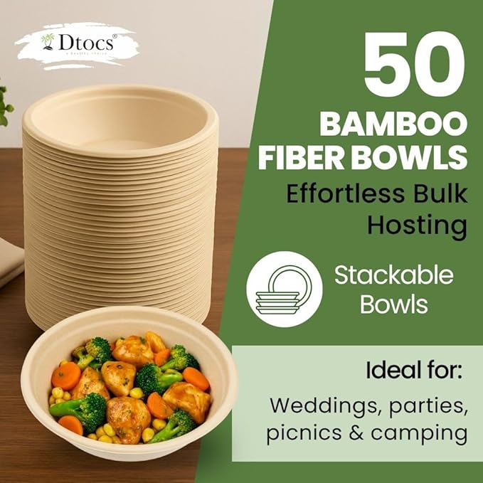 Dtocs Bamboo Fiber Disposable Bowls – 20 Oz, 50 Pk | Bamboo Round Bowl | Microwavable Bagasse Bowl like Soup, Cake, Salsa, Salad bowls | Disposable Dinnerware Sub Paper, Plastic, Styrofoam, Leaf