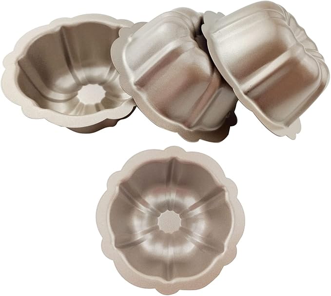 LoveDeal 4 Inch Nonstick Mini Fluted Cake Pan, Set of 4 for Baking, Carbon Steel Fluted Cake Pans, Metal Round Pumpkin Shaped Baking Mould for Cupcake, Muffin, Brownie, Pudding - Gold