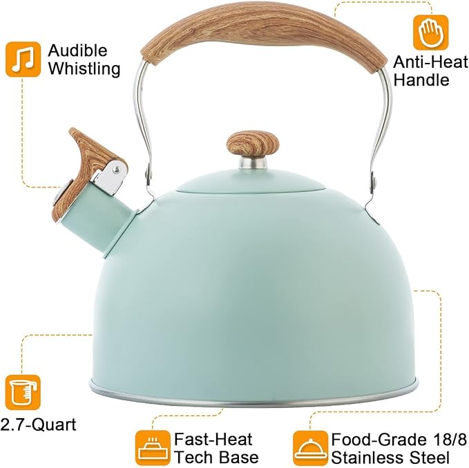 Vilihkc Tea Kettle 2.6 Liter Whistling Tea Kettle, Tea Pots for Stove Top Food Grade Stainless Steel with Wood Pattern Folding Handle, Loud Whistle Kettle for Tea, Coffee, Milk
