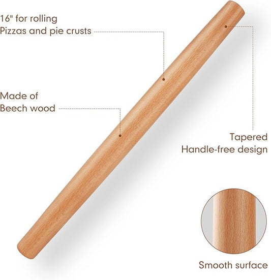 16 Inch Wood Rolling Pin for Baking, Wooden French Dough Roller with Purple Silicone Pastry Mat, Beech Wood Rolling Pins for Baking Dough, Pizza, Pie, Pastries, Pasta and Cookies