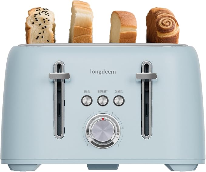 4 Slice Toaster 1.5" Extra Wide Slot - Stainless Steel, High Lift, 6 Browning Settings, Blue