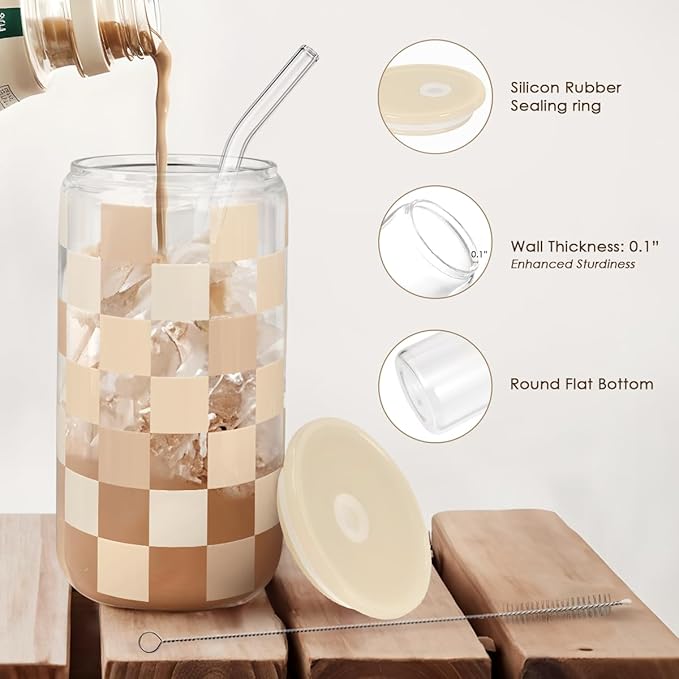 Checkerboard Glass Can, Beige Checker Cup with Lid & Straw, Iced Coffee Aesthetic Cups, Gift for Christmas Birthday Mother Day, Gifts for Women, 16oz
