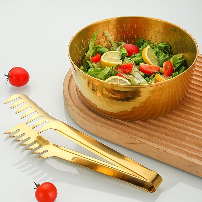 Stainless Steel Mixing Bowls with Food Tongs Set, Meal Prep Metal Mixing Bowls For Home, Refrigerator,and Kitchen Food Storage Organizers - Gold