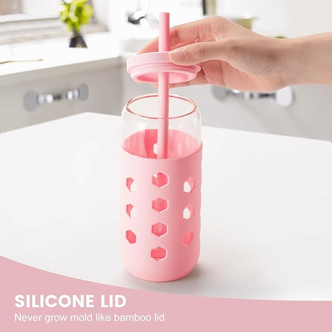 20 oz Glass Cups With Lids and Straws, 4-Pack Iced Coffee Cup - Smoothie Cup With Silicone Lid and Sleeve for Coffee Bar Accessory, Cute Drinking Glasses Set Reusable Glass Tumbler for Gifts