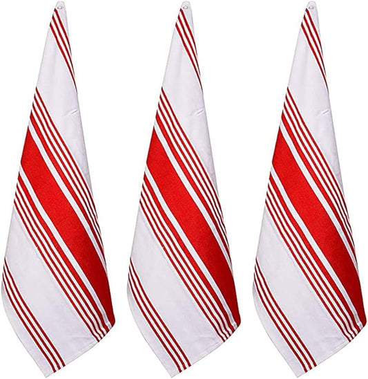 Urban Villa Kitchen Towels 100% Cotton Dish Towels for Kitchen (Set of 3) 20”x30” Dish Cloths Highly Absorbent Kitchen Linen Set with Hanging Loop Perfect for Drying Dishes Cleaning Towels-Red White