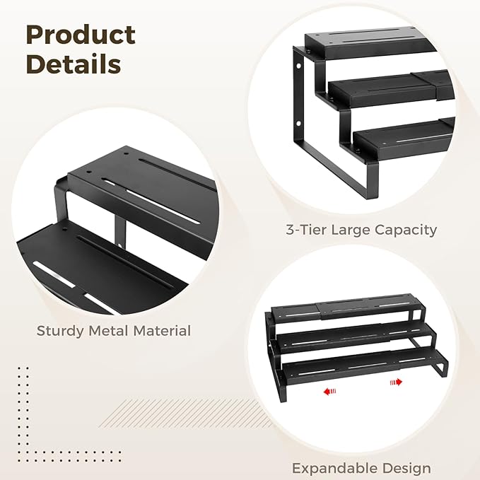 3-Tier Spice Organizer, Expandable Width Spice Organizer for Cabinet, Seasoning Organizer Metal Display Shelf, Countertop Spice Rack for Cabinet, Pantry