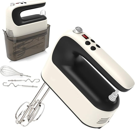 Yomelo 9-Speed Digital Hand Mixer Electric, 400W Powerful DC Motor, Hand Mixer Electric Handheld with Snap-On Storage Case, 5 Stainless Steel Accessories, Beaters, Dough Hooks, Whisk(Creamy/Black)