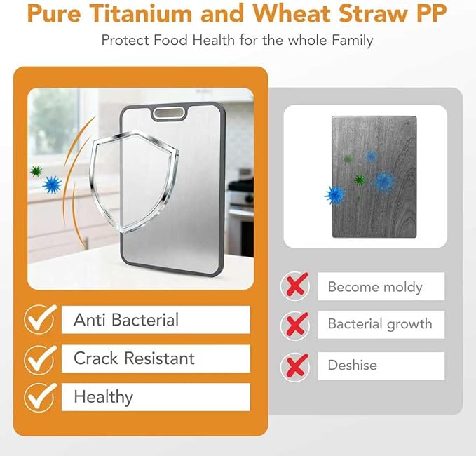Titanium Cutting Board for Kitchen, 2-in-1 Double-Sided with Food Grade Pure Titanium & Wheat Straw PP, Easy to Clean, Large Size 16” x 11”