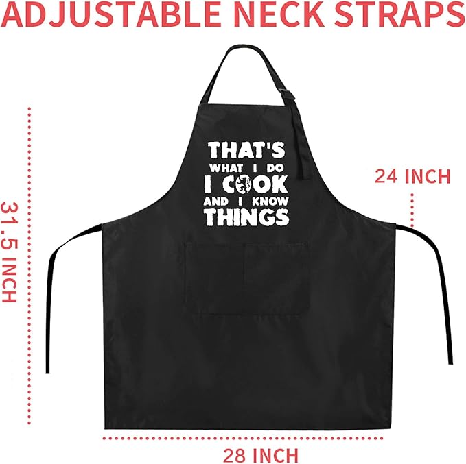 Rosoz Funny BBQ Black Chef Aprons for Men, I Cook and I Know Things Adjustable Kitchen Cooking Aprons with Pocket Waterproof Oil Proof Father’s Day/Birthday