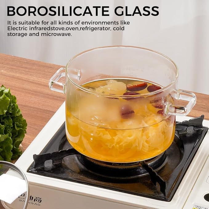 Recceng Glass Pots for Cooking on Stove, 1.8L/60 OZ Clear Simmer Pot Potpourri, Glass saucepan with Lid, Cookware for Stovetop