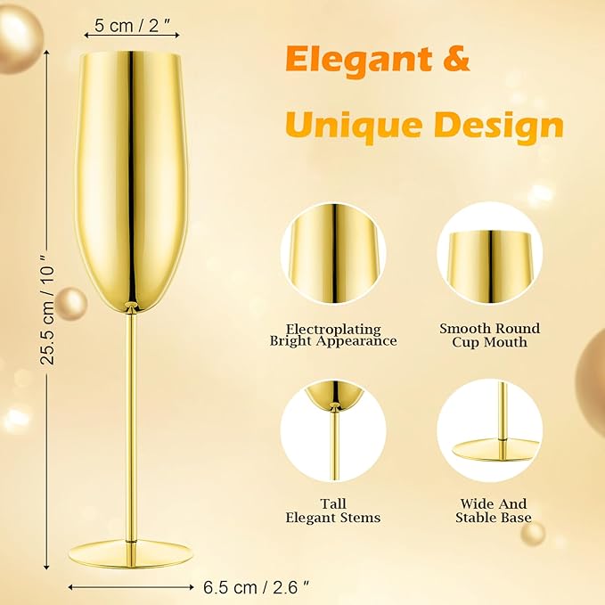 Stainless Steel Champagne Flutes Set of 4-Wedding &Birthday Gifts,8.5 Oz Unbreakable Champagne Glass with Long Stem,Reusable Indoor Outdoor Drinkware (Gold)
