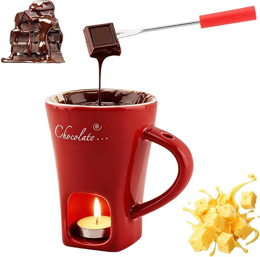 Chocolate Fondue Mugs, Chocolate Melting Cup Set with Forks Candle Warmer, Mini Ceramic Coffee Warmer Mug, Fondue Cups With Forks For Date Night Birthday Wedding Gifts (red)