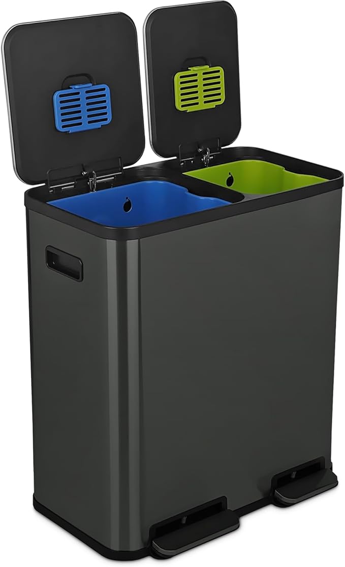 Simpli-Magic 70 Liter / 18.5 Gallon Rectangular Hands-Free Dual Compartment Recycling Kitchen Step Trash Can with Soft-Close Single Lid, Stainless Steel (40L x 30L Capacity) Elegant Black Finish