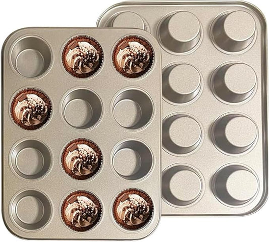 YUNYDSM Muffin Pan, Cupcake Pan, Set of 2, 12-Cup Muffin Tin, Non-Stick Bakeware, Easy to Release and Clean, Baking Molds, Muffin Tray, Molds for Homemade Cupcakes & Muffins (Gold)
