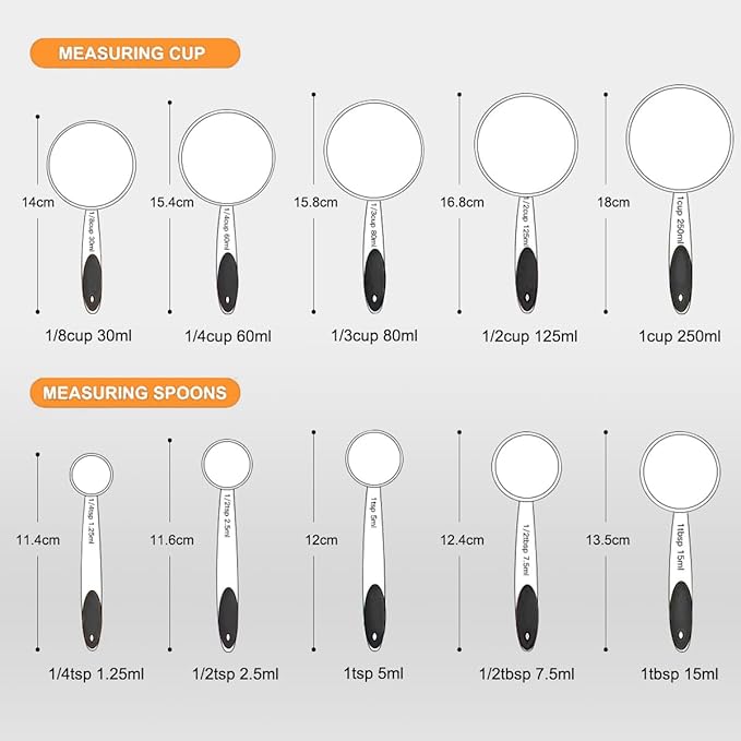 Measuring Cups and Spoons Set, Set of 10 Stainless Steel Measuring Cups and Spoons, with Silicone Handles, Stackable, Easy to Store for Kitchen, Cooking, Baking (Black)