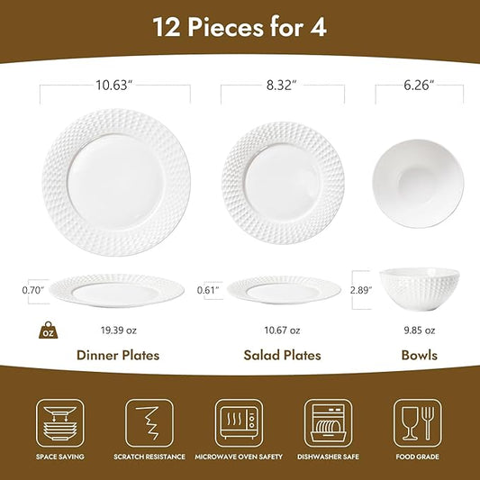KINGSTONE Bone China Dinnerware Set, 12-Piece White Lightweight Porcelain for 4, Plates and Bowls with Rhombus patterned edge design, Microwave and Dishwasher Safe, for Family, Restaurant, Gifting