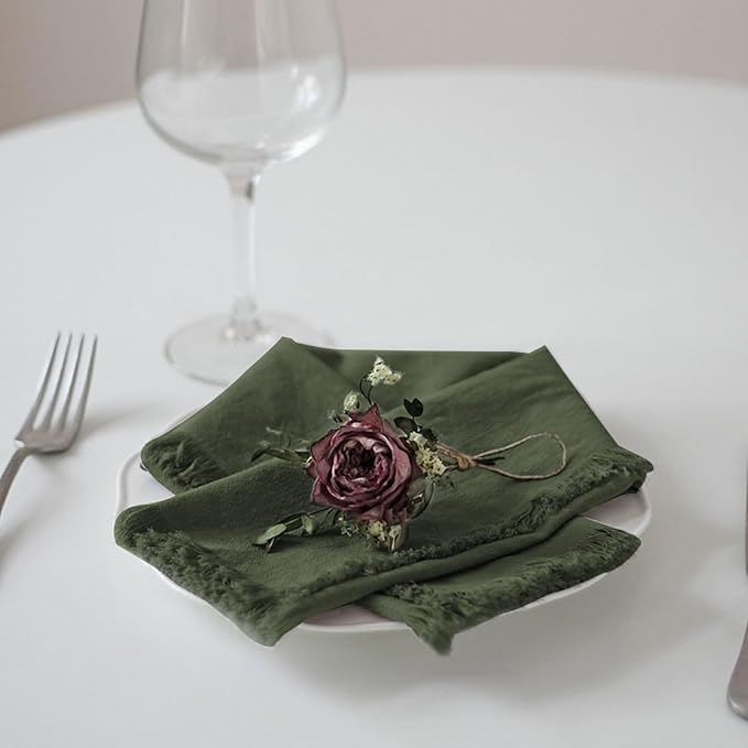 Handmade Cloth Napkins 100% Cotton Napkins with Fringe，Delicate Handmade Cloth Napkins for Dinners, Parties, Weddings and More，18 x 18 Inch Set of 6 - Olive Green