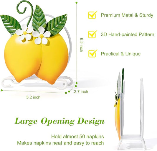 Lemon Napkin Holder for Table - Tissue Holder for Spring Home Decor, Vintage Home Yellow Kitchen Counter Decor and Accessories, Lemon Housewarming Gifts for Women, 3D Handmade Pattern, Metal