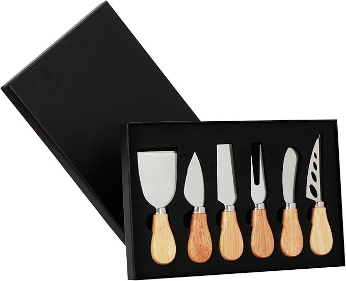 6 Pcs Cheese Knives Set, Cheese Knives with Cheese Slicer Cheese Cutter Cheese Fork, Stainless Steel Cheese Spreading Knife for Charcuterie Boards and Cutlery Gift Set(Oak Handle)