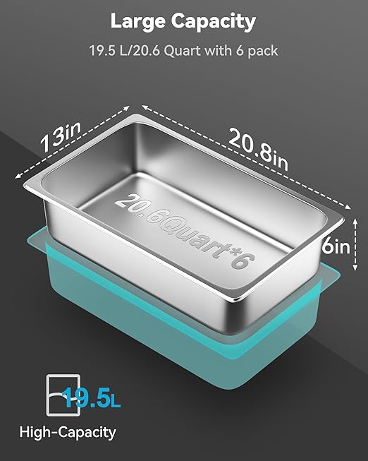 ZeroPone 6 Pack Hotel Pans, Full Size 6" Deep Stainless Steel Steam Table Pan, 20.8" L x 12.8" W 22 Gauge Metal Commercial Catering Food Pans Anti Jam Food Storage Containers