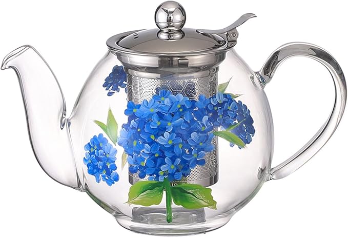 1000ml/35oz Hand Painted Pattern Glass Teapot For Stovetop,Tea Pot For Loose Tea,Glass Tea Kettle With Infuser (Hydrangea)