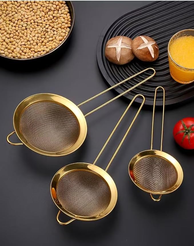 Three-piece Suit Baking SiftersWire ExtraMesh Strainer with Handle Oversized Extended Handle Stainless Steel Sieve Fine Mesh Strainers for Kitchen Rice Juice Quinoa Food Flour Baking(Golden)