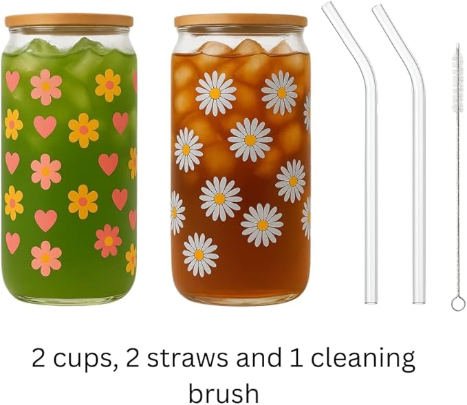BambooSip (2- pack) Drinking Glasses with Bamboo Lids, straws and cleaning Brush, 160z Glass cups with Lids and straws,Beer, juice, smoothies, iced Coffee Glasses, Soda, Gift, UniqueDaisyDesign.