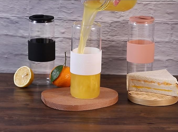 24oz Can Shaped Glass Cups with Silicone Lids and Glass Straw, 2PCS Drinking Glasses with Lids and Straws, and Silicone Sleeves, Beer Glasses, Iced Coffee Cups, Soda, Gift - Black