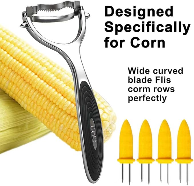 Corn Peeler Tool Set, Stainless Steel Corn Kernel Remover with Serrated Blade, Ergonomic Non-Slip Handle, Includes Corn Holders for Easy Corn Cutting