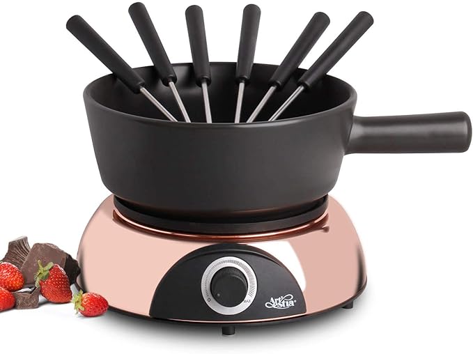 Artestia Swiss Design 2-QT Electric Fondue Pot for Cheese, 1500W Ceramic Chocolate Melting Pot with Adjustable Temperature, 6 Fondue Forks, White Ceramic Pot with Rose-Gold Base (Black)