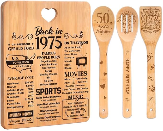 50th Birthday Gifts for Her Him - "Back in 1975" 50th Birthday Gifts for Women Cutting Board, Bamboo-Made Engraved "Year 1975 News" 50th Birthday Gifts