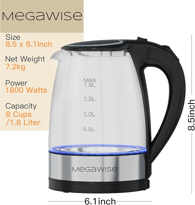 Megawise Electric Glass Kettle with Auto Shut-Off, BPA-Free, Stainless Steel Inner Lid & Base, Blue LED Indicator, Easy Clean, Cord Storage (1.8L)