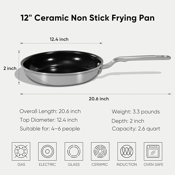 GLOBEHOME 5 Ply Ceramic Non Stick Frying Pans - 12 Inch Stainless Clad Nonstick Skillet, Toxic, PTFE & PFOA FREE, Professional Cookware for Induction, All Stoves and Oven up to 650°F