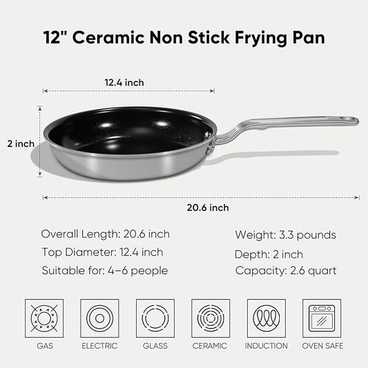 GLOBEHOME 5 Ply Ceramic Non Stick Frying Pans - 12 Inch Stainless Clad Nonstick Skillet, Toxic, PTFE & PFOA FREE, Professional Cookware for Induction, All Stoves and Oven up to 650°F