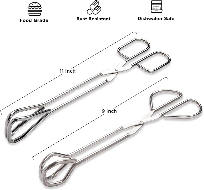 9-Inch and 11-Inch Heavy Duty Stainless Steel Kitchen Tongs - Comfortable Ergonomic Grip, Scissor Design, Heat Resistant for BBQ and Cooking
