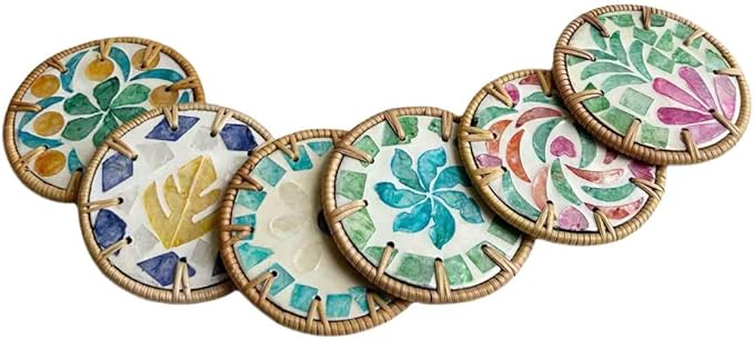 6 PCS Beverage Coasters, Handmade Rattan/Colorful Shell/Coffee&Tea Cup Coasters, Insulated and Cold Proof Beverage, Desktop Protection, and Special Home Gifts