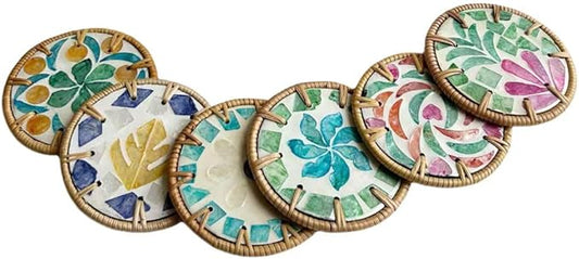 6 PCS Beverage Coasters, Handmade Rattan/Colorful Shell/Coffee&Tea Cup Coasters, Insulated and Cold Proof Beverage, Desktop Protection, and Special Home Gifts